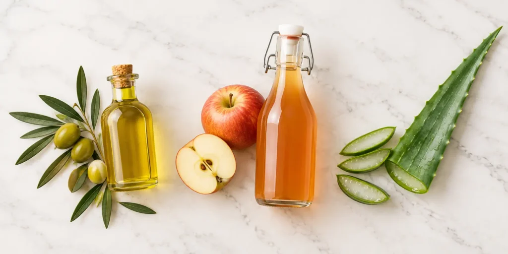 Hausmittel für Haarpflege: Olivenöl, Apfelessig und Aloe Vera