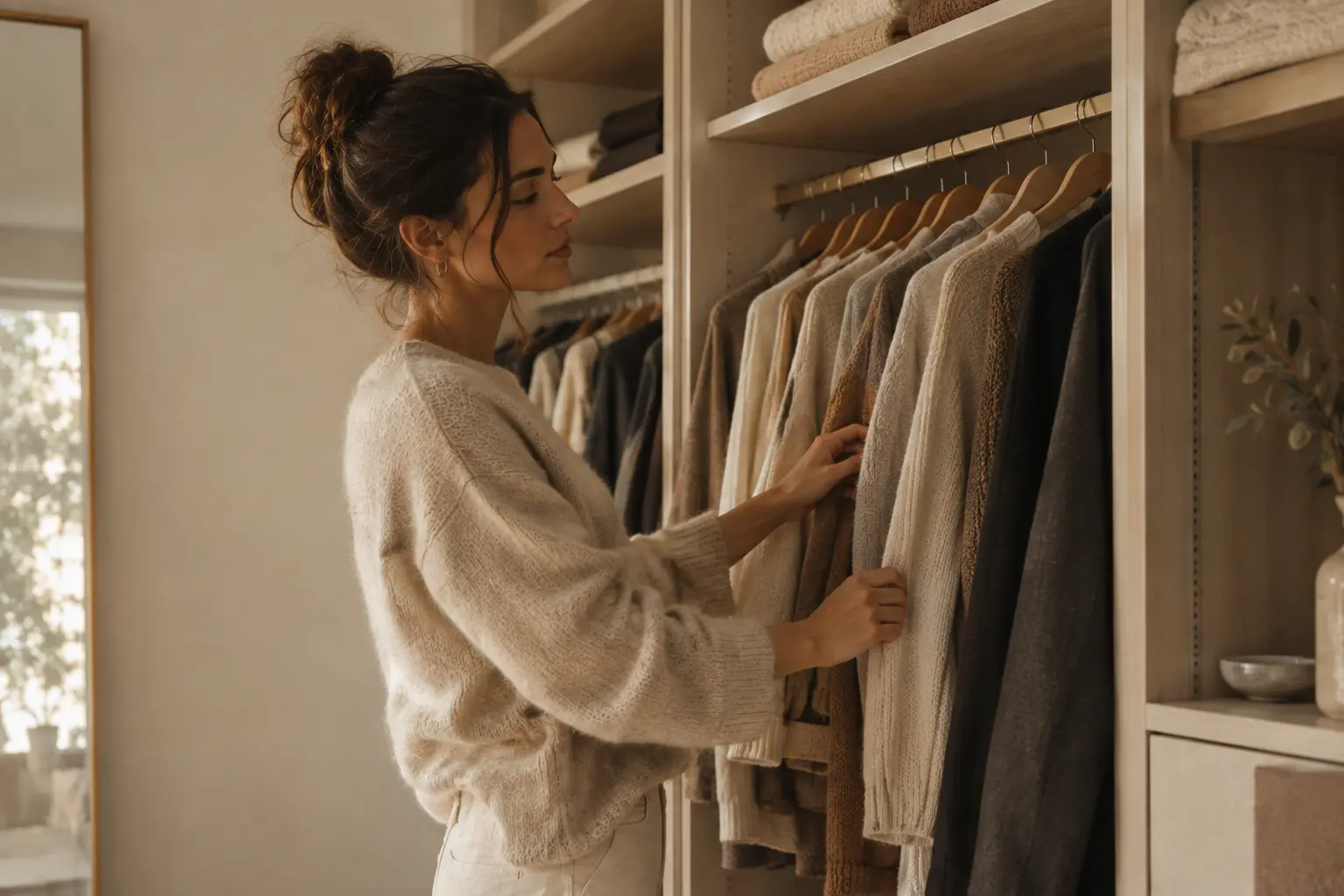 Frau wählt Kleidungsstücke für ihre Capsule Wardrobe im Kleiderschrank aus