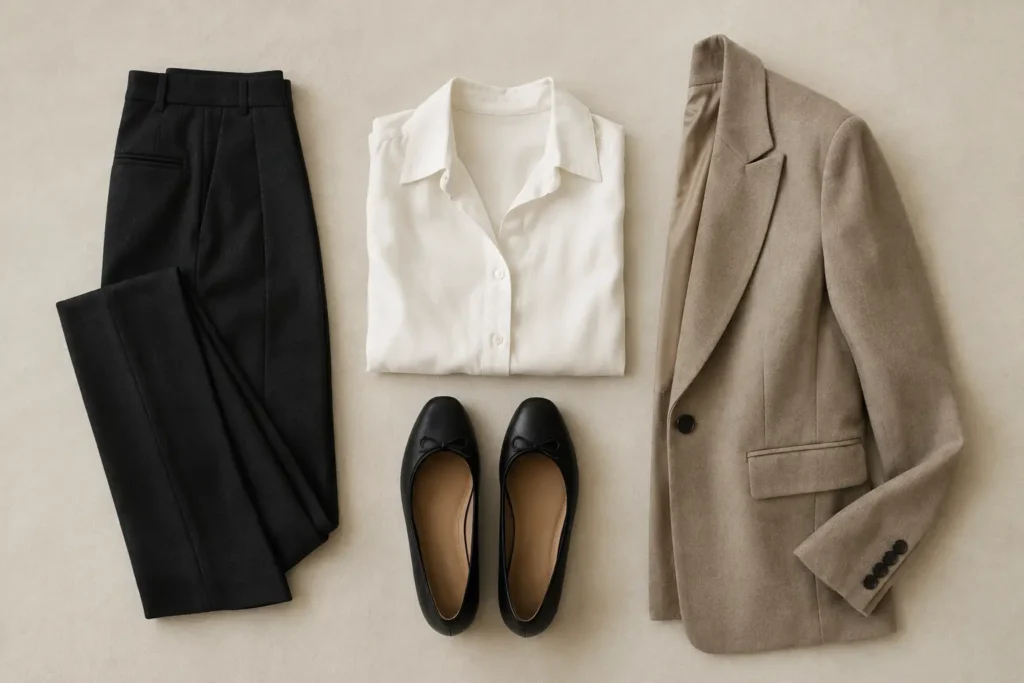 Essenzielle Basics einer Capsule Wardrobe flach ausgelegt: Hose, Bluse, Blazer