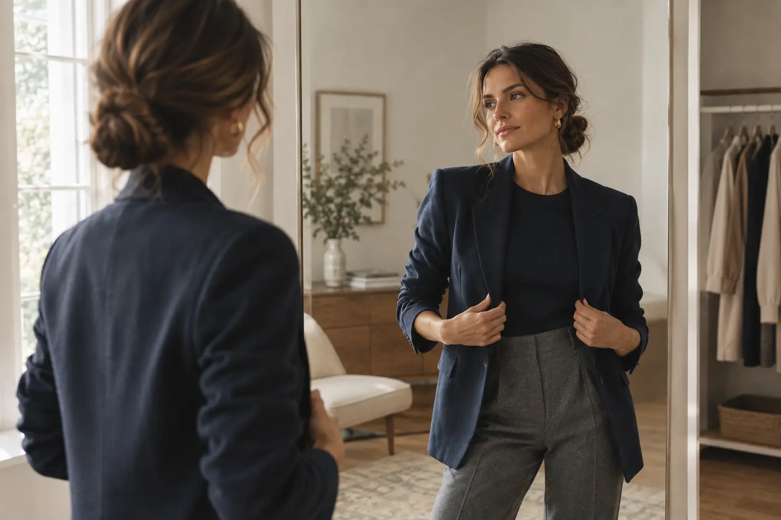 Frau in Business-Casual-Outfit bereit für ein Vorstellungsgespräch