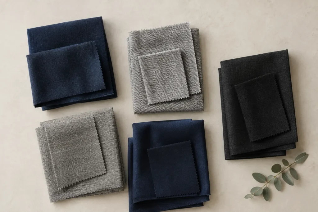 Farbpalette aus Marineblau, Grau und Schwarz für ein Bewerbungsoutfit