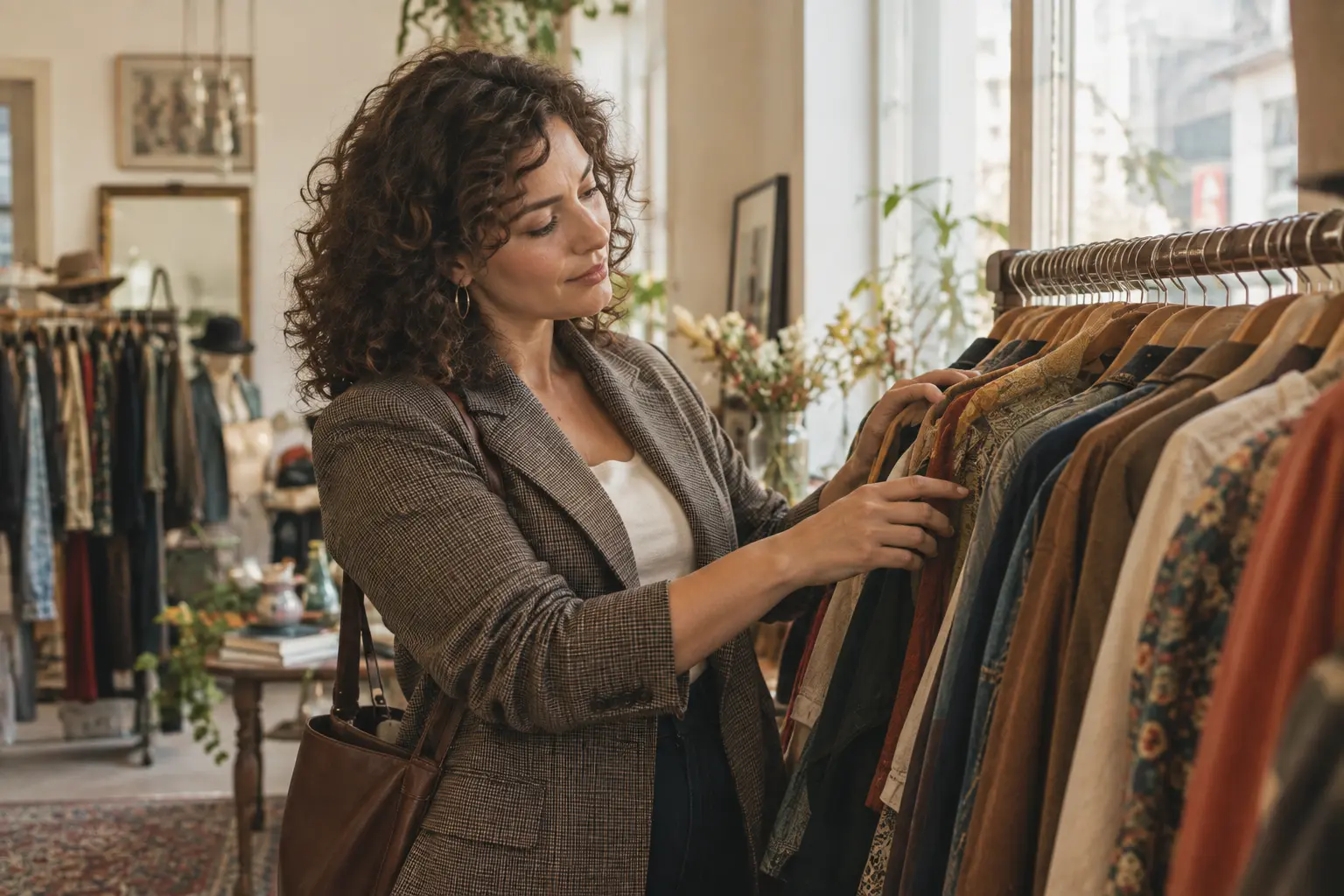 Frau stöbert in einem Secondhand-Laden nach nachhaltiger Mode