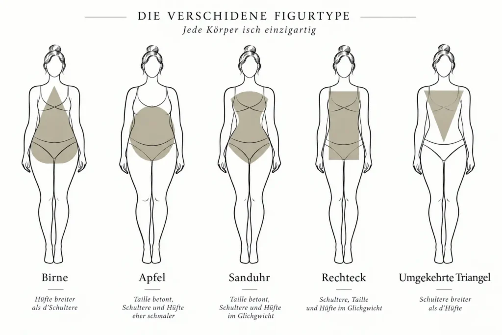 Fünf weibliche Figurtypen im Vergleich: Sanduhr, Birne, Dreieck, Apfel, Rechteck