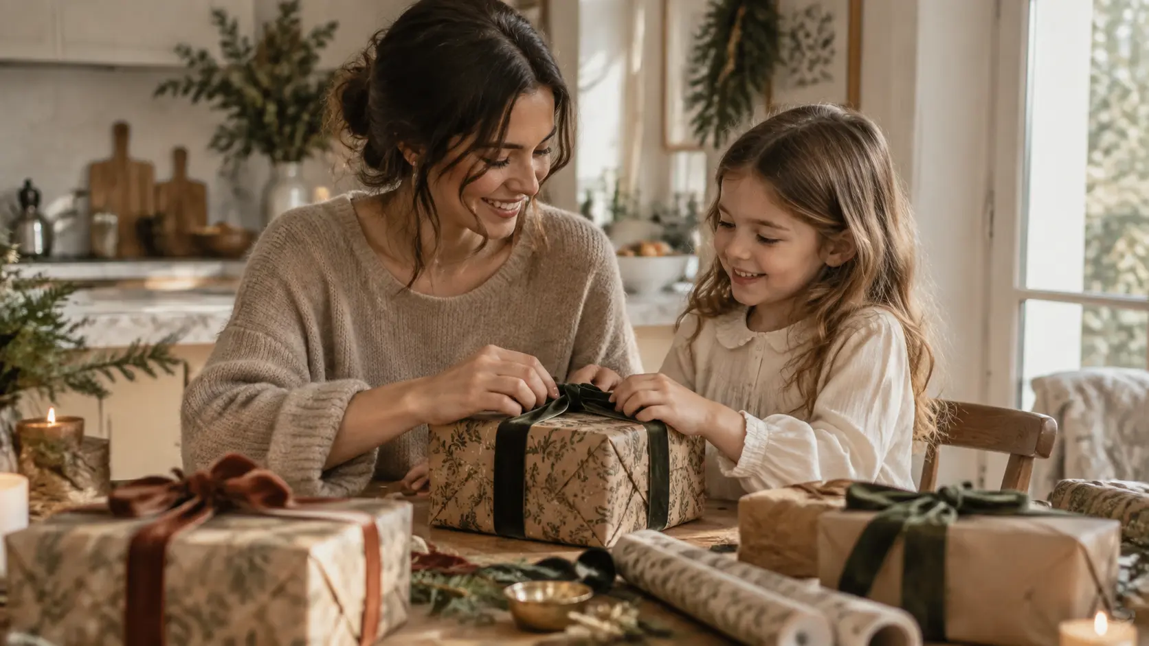 Mutter und Tochter packen gemeinsam Geschenke für die Familie ein