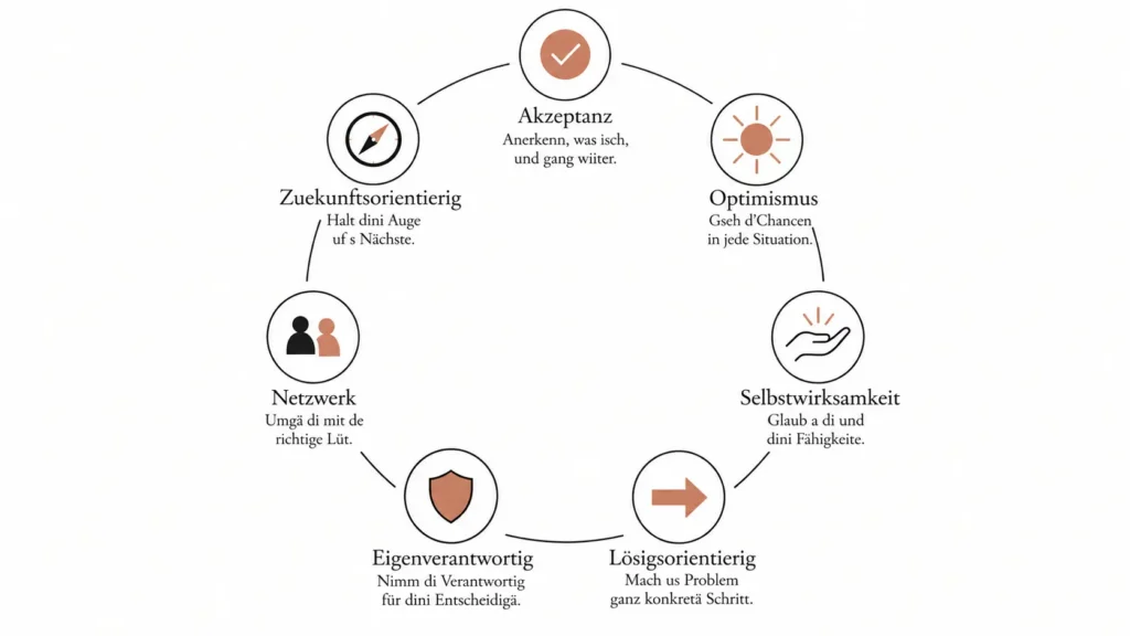 Diagramm der sieben Resilienzfaktoren: Akzeptanz, Optimismus, Selbstwirksamkeit und weitere