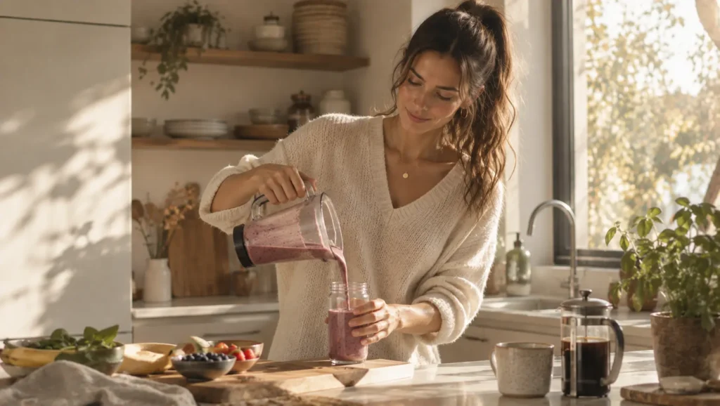 Frau bereitet sich morgens einen Smoothie und Kaffee in der Küche zu