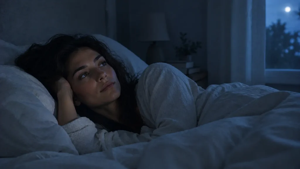 Frau liegt nachts wach im Bett und kann nicht einschlafen
