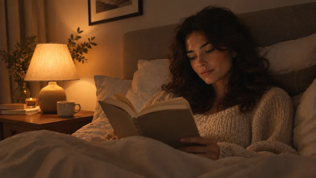 Frau liest ein Buch als Teil ihrer Einschlafroutine im Bett