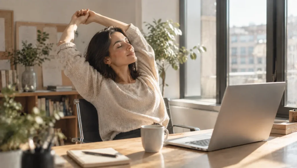 Frau macht eine kurze Yoga-Dehnsequenz am Schreibtisch während einer Pause