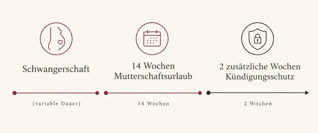 Zeitstrahl mit Schwangerschaft, 14 Wochen Mutterschaftsurlaub und 16 Wochen Kündigungsschutz nach der Geburt