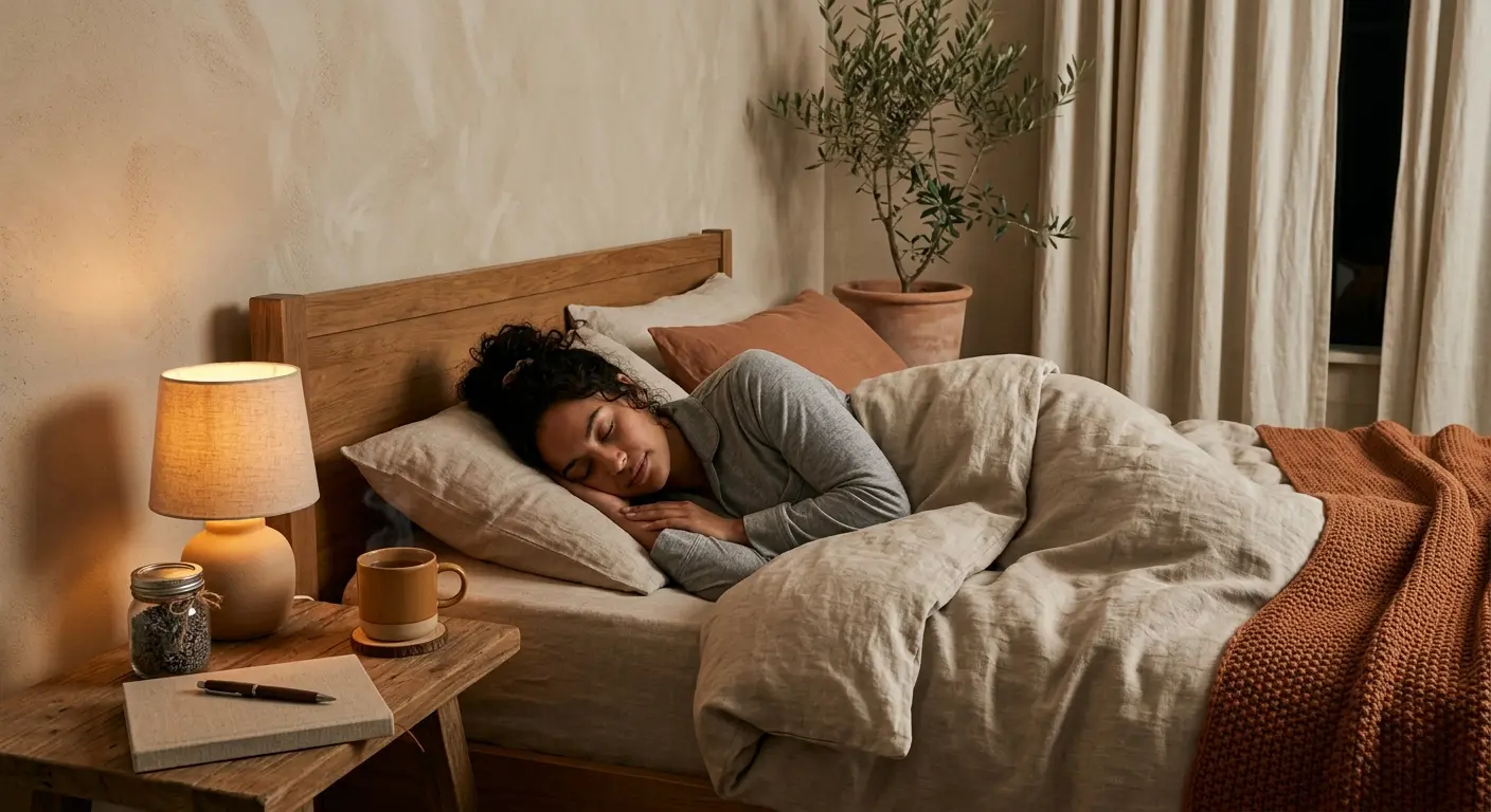 Eine Person schläft friedlich in einem gemütlichen, ruhig beleuchteten Schlafzimmer mit Kräutertee und Lavendel auf dem Nachttisch.