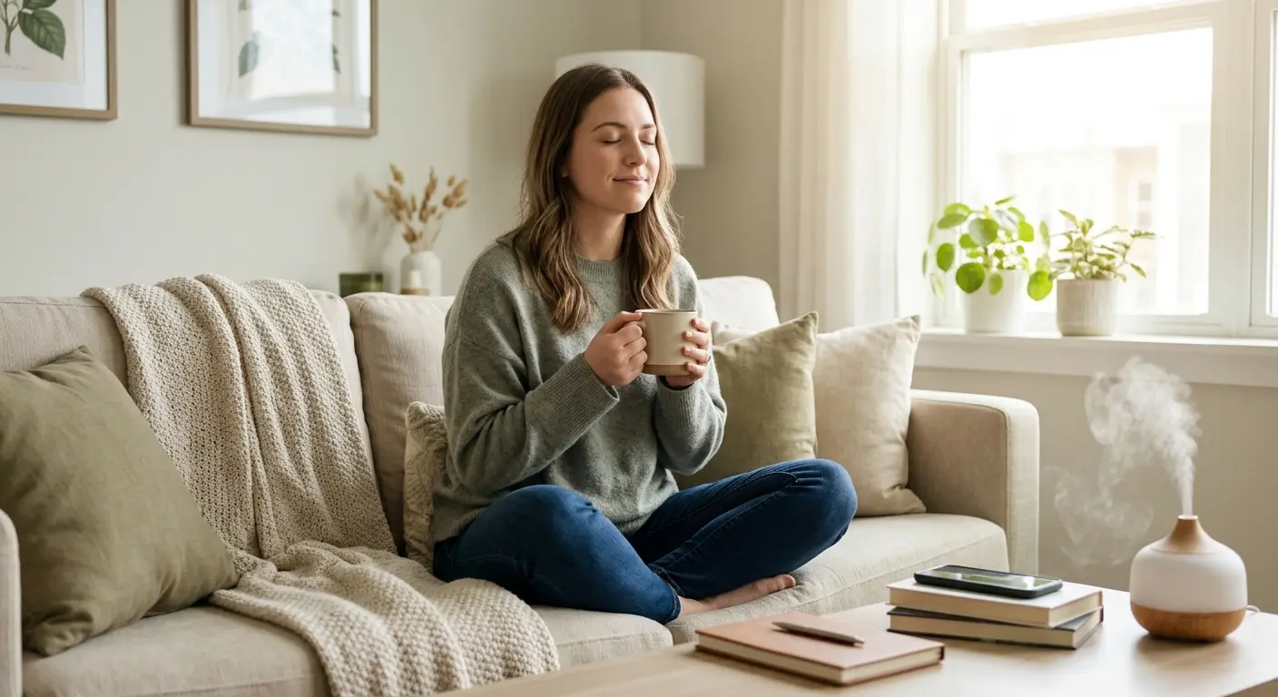 Eine junge Frau sitzt im Schneidersitz auf einem hellen Sofa, hat die Augen geschlossen und lächelt friedlich, während sie eine Keramiktasse mit beiden Händen hält. Sie trägt einen grauen Pullover und Jeans. Vor ihr auf dem Couchtisch liegen Bücher, ein Tablet und ein Diffusor, aus dem Dampf aufsteigt. Der Hintergrund zeigt ein lichtdurchflutetes Wohnzimmer mit Pflanzen und gerahmter Kunst. Die Atmosphäre ist gemütlich.