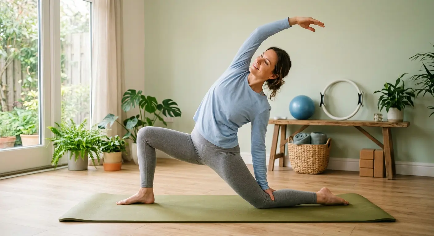 Eine lächelnde Frau mit zu einem Pferdeschwanz gebundenen Haaren übt eine sanfte, seitliche Dehnungsposition (kniender Side-Stretch) auf einer grünen Yogamatte. Sie trägt ein hellblaues Langarmshirt und graue Leggings. Sie befindet sich in einem hellen, gemütlichen Wohnzimmer mit Holzboden und vielen Zimmerpflanzen wie Monstera und Farnen