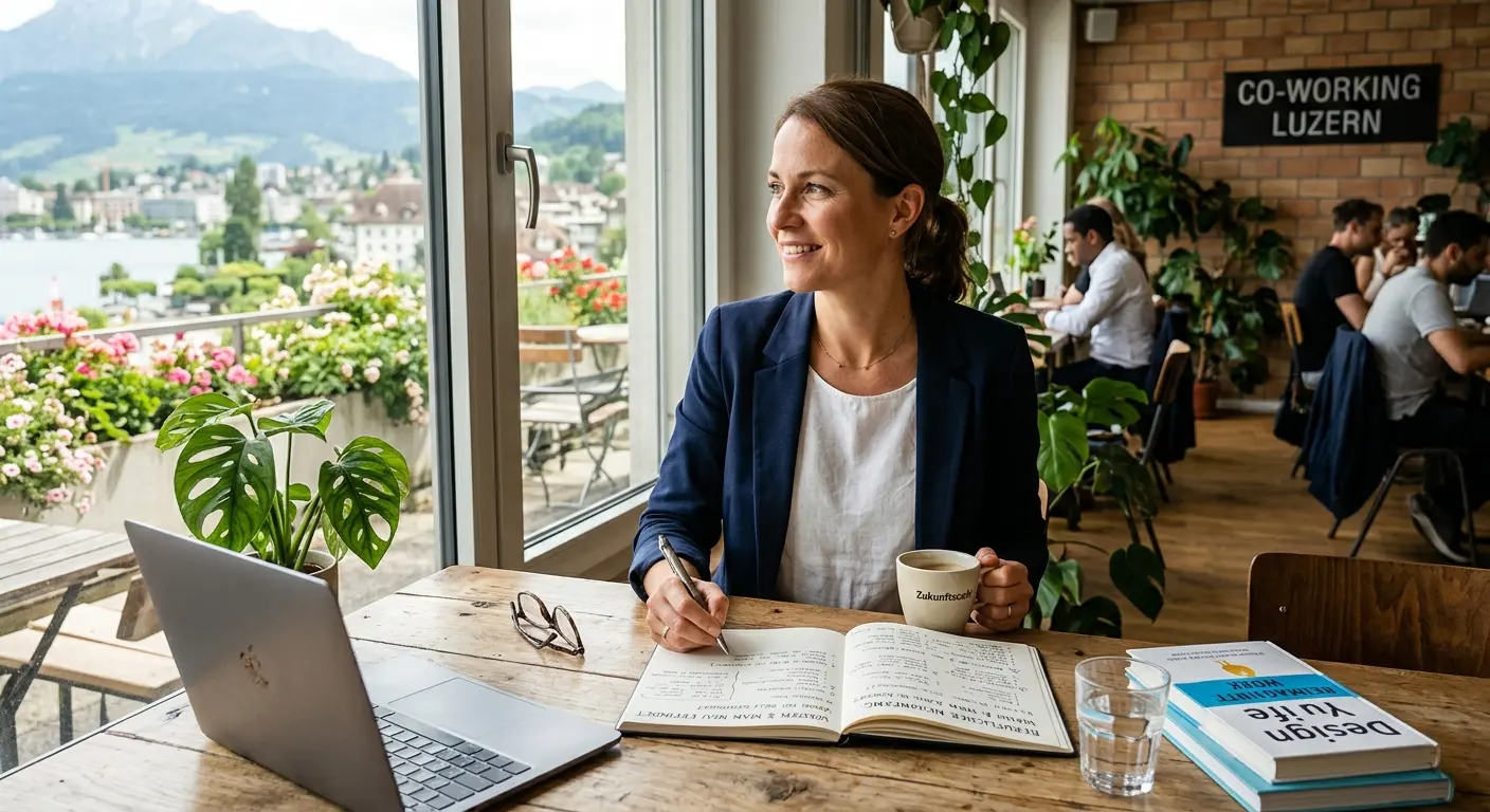 Eine lächelnde Frau in einem blauen Blazer sitzt an einem Holztisch in einem hellen Co-Working-Space. Sie schreibt in ein Notizbuch, hält eine Kaffeetasse und blickt optimistisch aus dem Fenster auf einen See und Berge.
