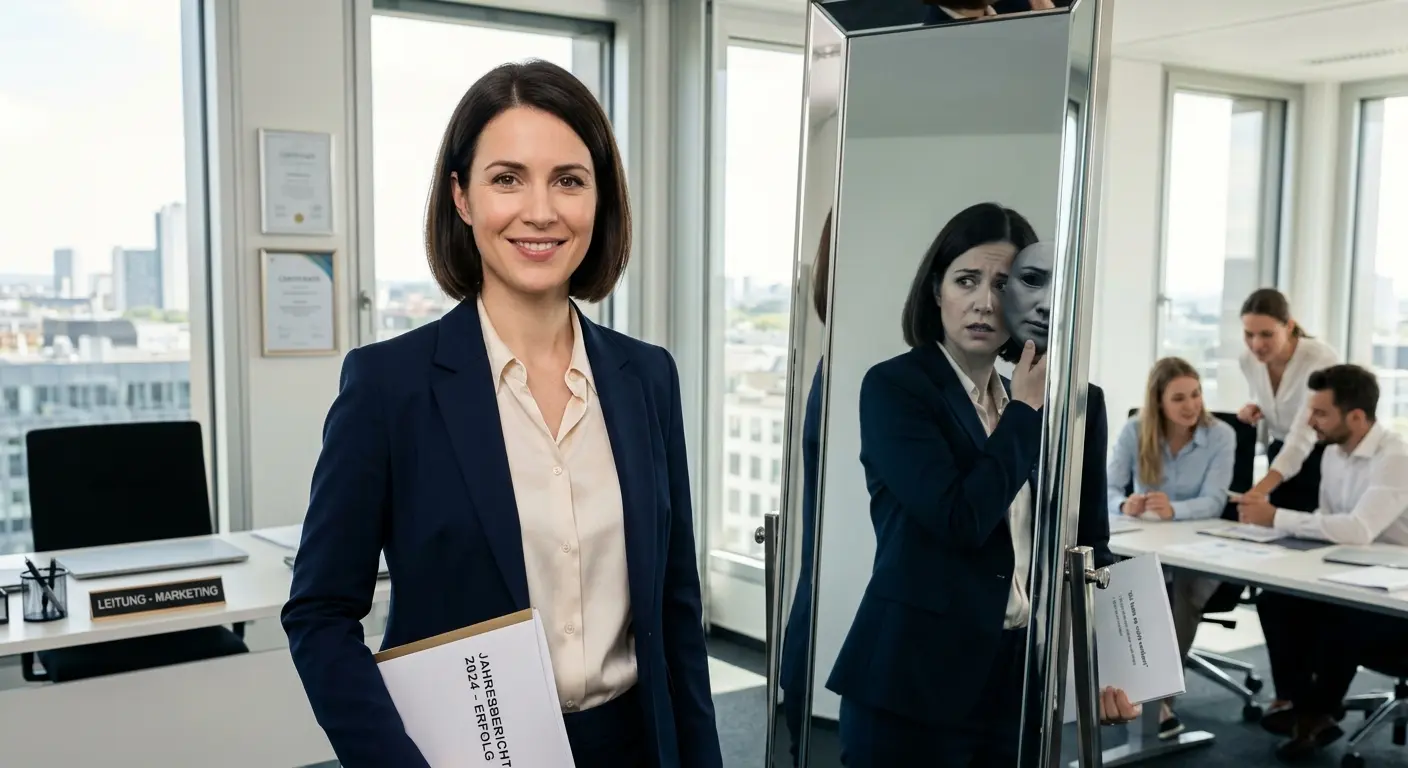 Eine professionelle Geschäftsfrau steht in einem hellen, modernen Büro und lächelt selbstbewusst in die Kamera, während sie einen Jahresbericht hält. Neben ihr steht ein großer Spiegel, dessen Spiegelbild sie jedoch mit einem ängstlichen, besorgten und zweifelnden Gesichtsausdruck zeigt, was die inneren Gefühle und Ängste des Impostor-Syndroms darstellt.