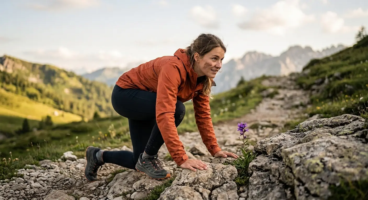 Eine junge Frau in einer leuchtend orangefarbenen technischen Jacke und schwarzen Leggings kniet auf einem steilen, felsigen Bergpfad. Ihre rechte Hand liegt auf einem Felsen, aus dem eine kleine lila Blume wächst, und sie blickt konzentriert nach vorne. Der Hintergrund zeigt ein weites Panorama der Alpenberge bei Sonnenuntergang, mit schroffen Gipfeln und grasbewachsenen Tälern.