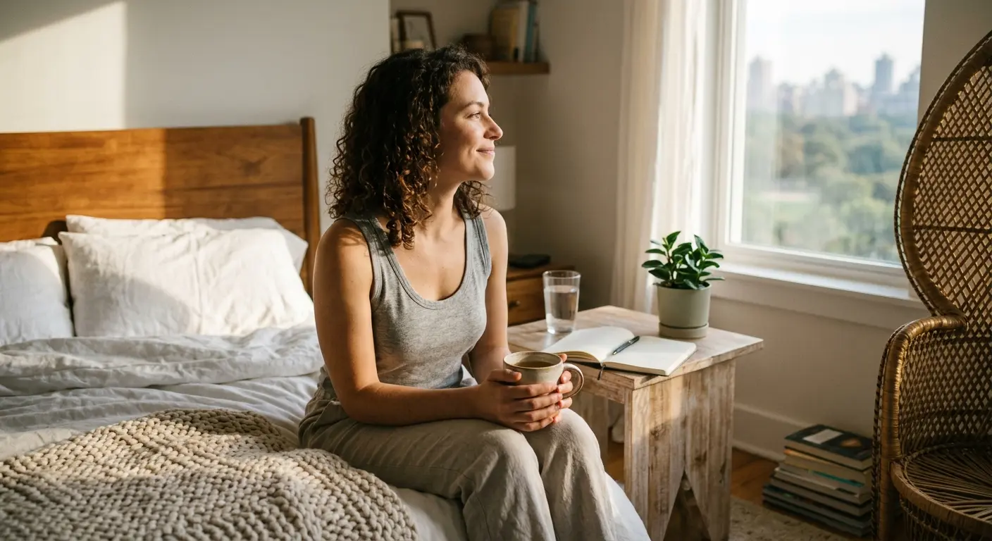 Eine Frau sitzt ruhig auf ihrem Bett, lächelt und blickt durch das Fenster auf den Sonnenaufgang, während sie eine heiße Tasse hält. Auf ihrem Nachttisch veranschaulichen ein Glas Wasser und ein offenes Journal die gesunden Gewohnheiten der ersten 30 Minuten ihrer Morgenroutine. Ihr Telefon ist nicht zu sehen, was das Fehlen digitaler Ablenkung unterstreicht.