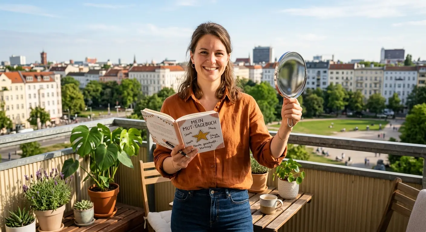 Eine lächelnde Frau auf einem sonnigen Balkon, die einen kleinen Spiegel und ein Mut-Tagebuch hält, mit Pflanzen und einem Stadtpanorama im Hintergrund.