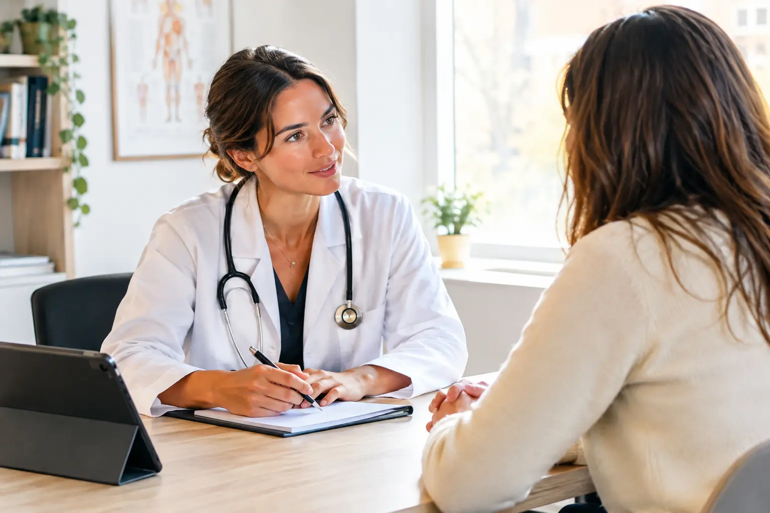 Fachärztin berät eine Patientin bei einem Gespräch zur Korrektur eines verrutschten Brustimplantats