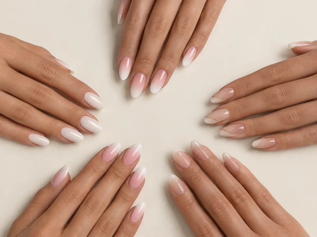 Fünf Hände mit Babyboomer Nägeln in Milky White, Rosa und Nude