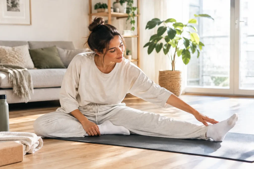 Frau macht entspannte Dehnübungen auf einer Yogamatte in einem hellen Raum